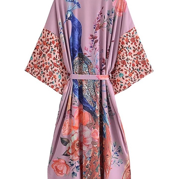 Boho Silky Long Robe Belted Bohemian Oversized duster long dressy floral Kimono - Picture 2 of 3